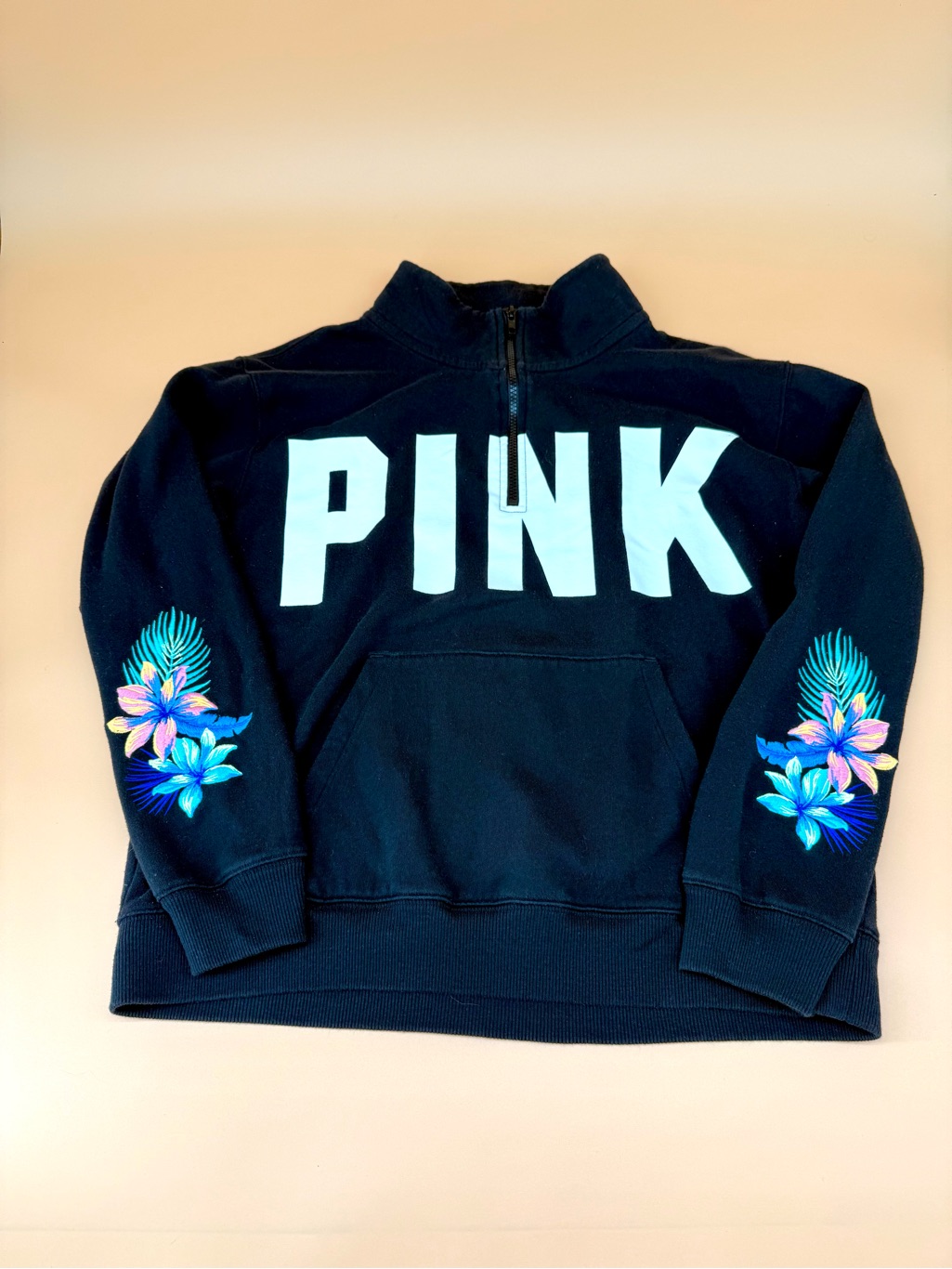 Pink Half-Zip Pullover With Tropical Sleeve Floral Embroidery